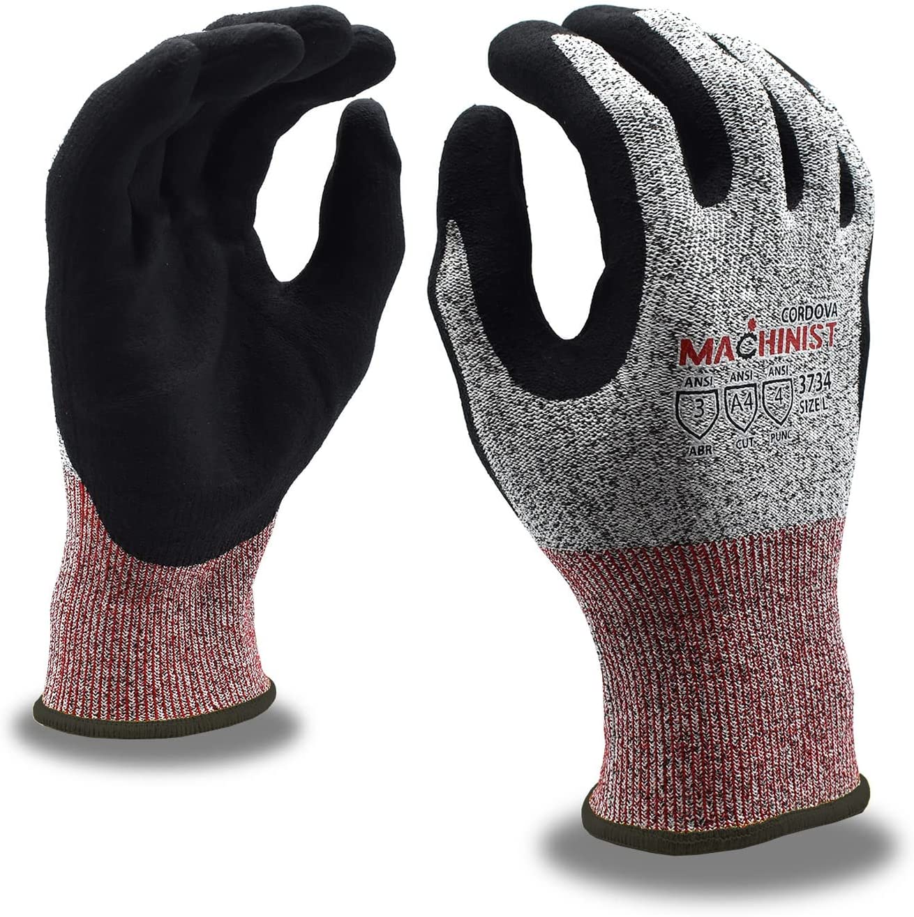 A pair of grey and black anti cut gloves are on display with "machinist" on them