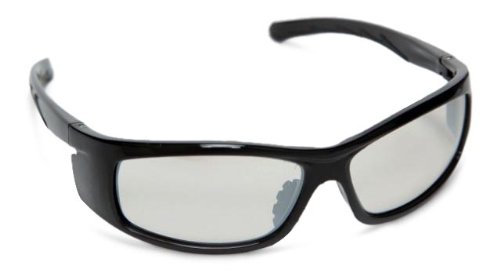 safety goggles with a black frame are on display