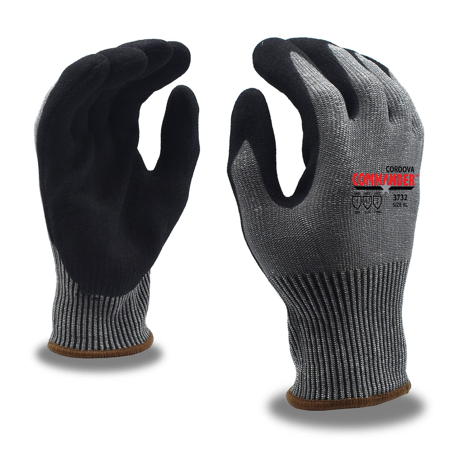 A pair of black anti cut gloves are on display