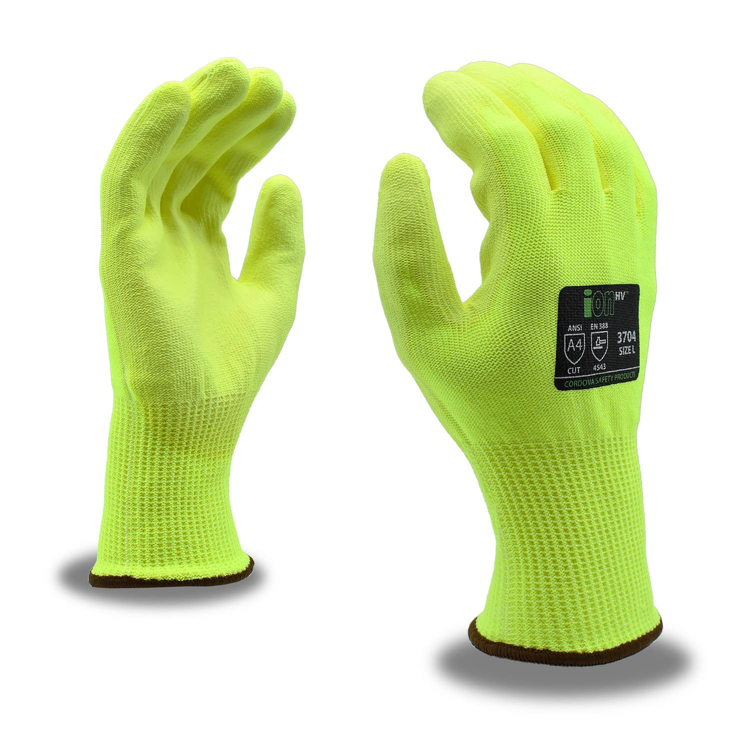 A pair of hi visibility safety gloves are shown