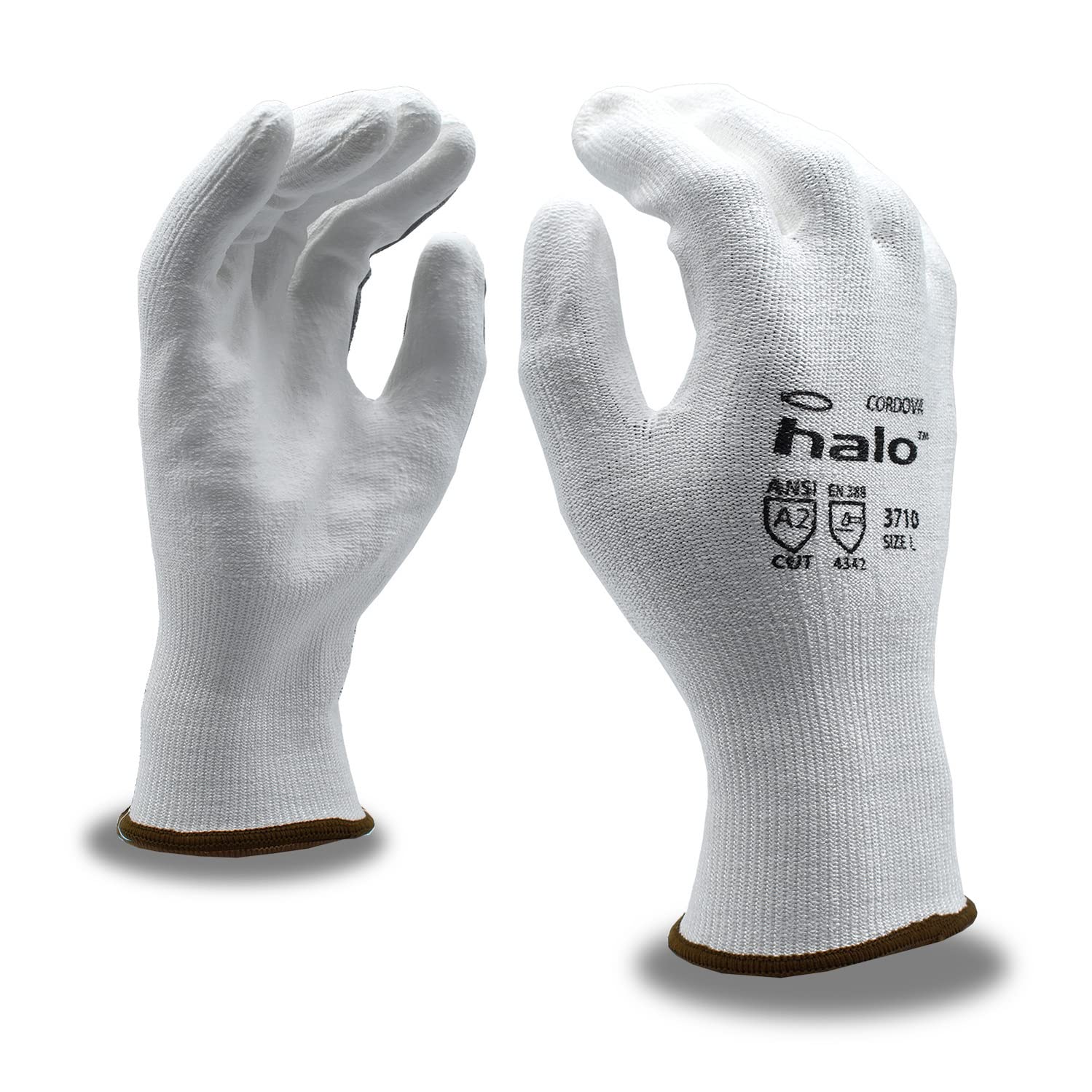 A pair of Halo brand white anti cut gloves are displayed