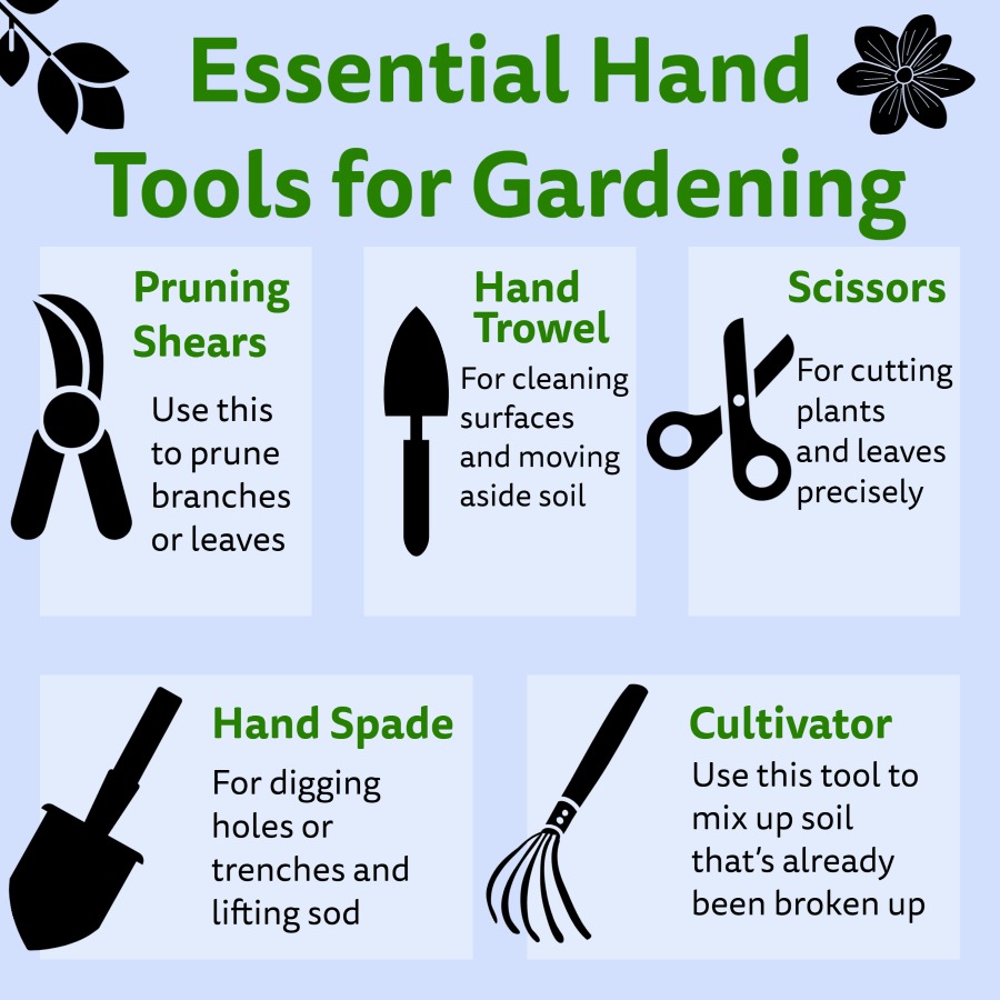 An infographic showing shears, a hand trowel, scissors, a hand spade, and a cultivator with short descriptions of why they are essential gardening tools