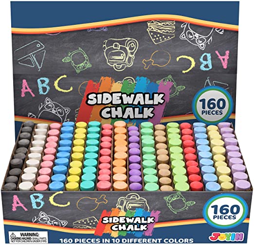 An open box of Joyin sidewalk chalk is on display, with 160 pieces of chalk lined up in 16 rows with different colors.
