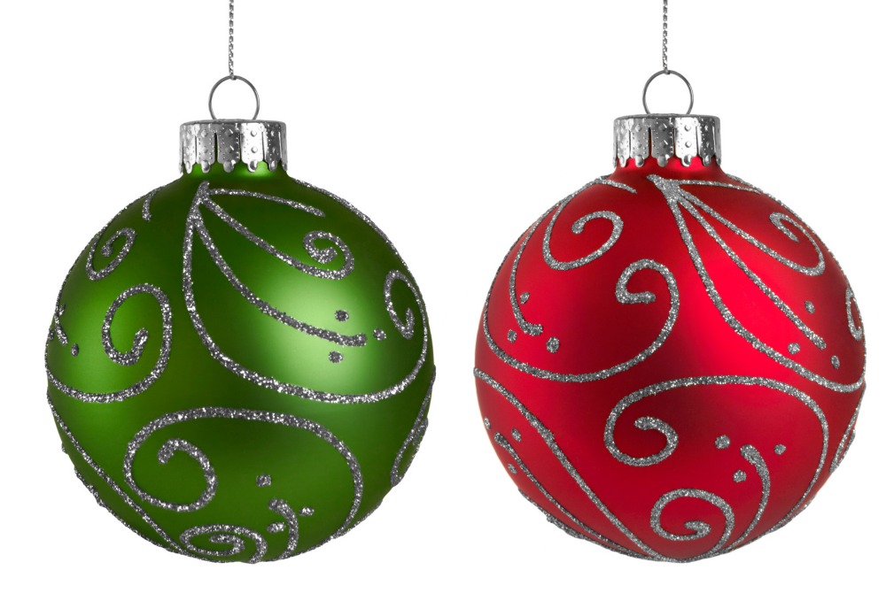 two glittery ornaments are on display