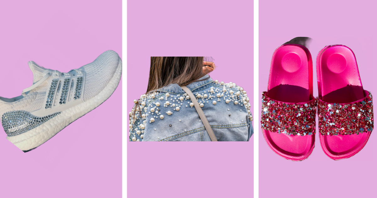 3 rhinestone examples. one of a shoe with rhinestones following design one with rhinestones across back of denim jacket one with rhinestones attached on top of slip ons