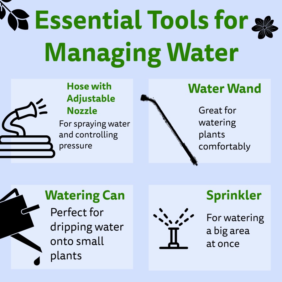 An infographic showing a hose with an adjustable nozzle, water wand, watering can, and sprinkler with short descriptions as to why they are essential gardening tools